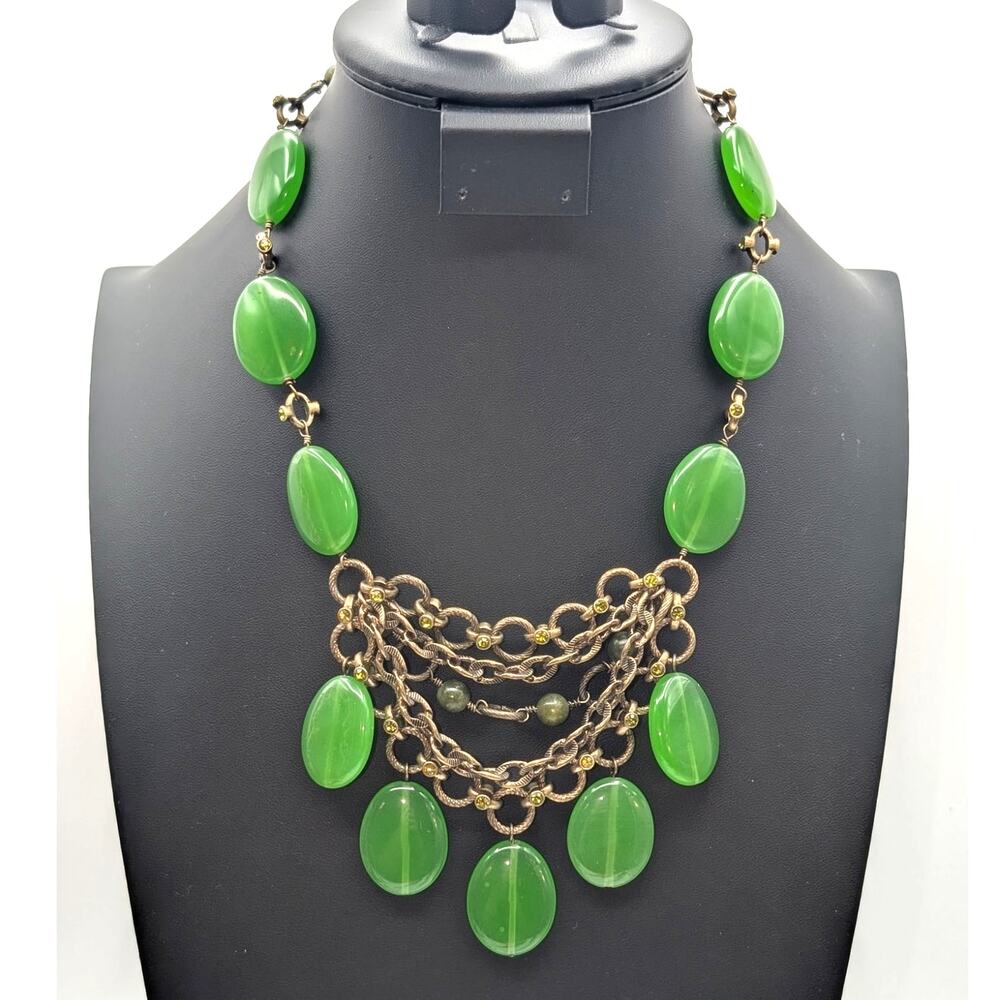 Vintage 80s Marked Kiam Family Glass Brass Rhinestone Stone Necklace